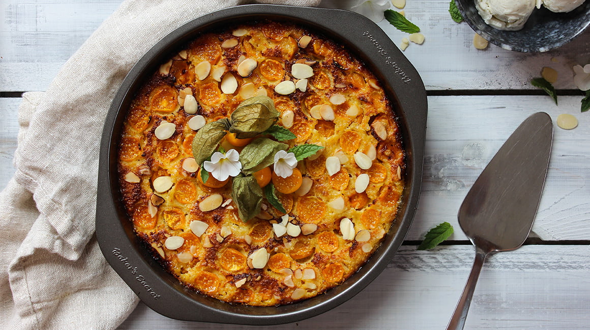 Ground cherry and almond clafoutis